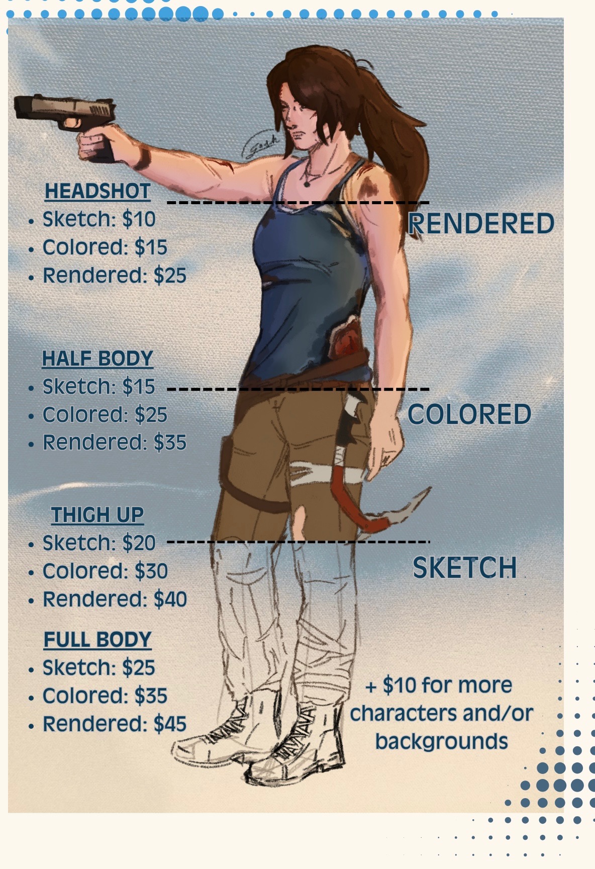 Vertijo commission sheet showing character art with sketch, colored, and rendered pricing tiers